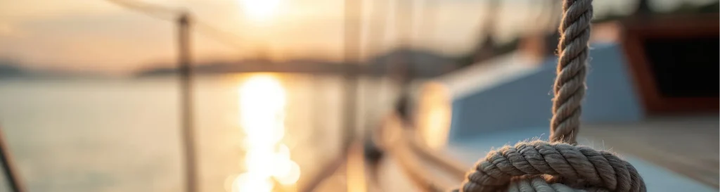 Close-up of a rope tied on a boat deck at sunset with sunlight glinting off the water.