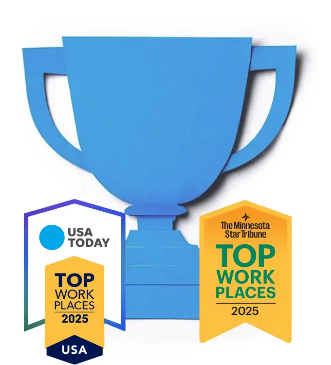 A blue trophy with badges for USA Today Top Workplaces 2025 and Minnesota Star Tribune Top Workplaces 2025, received by Mains'l.